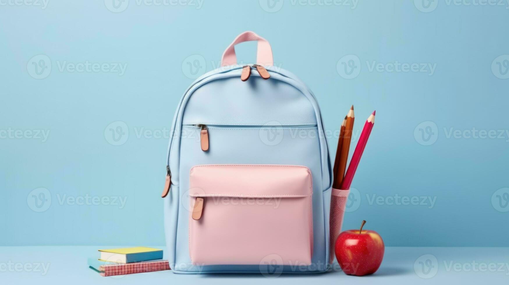 Backpack with different school stationery on light blue background. AI generative photo