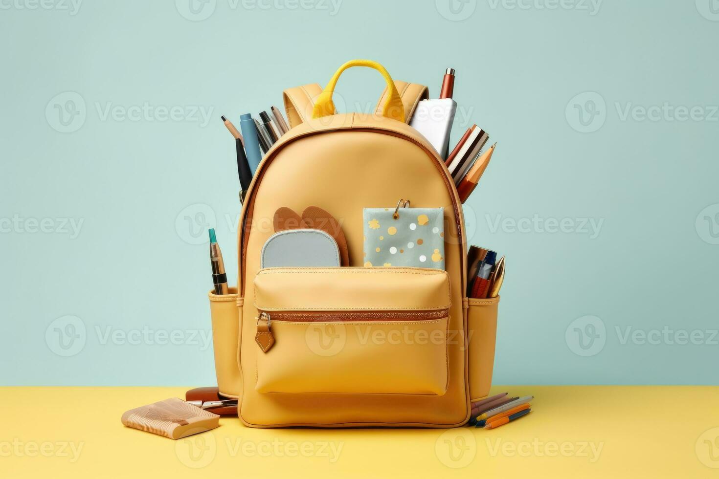 Backpack with different school stationery on light blue background. AI generative photo