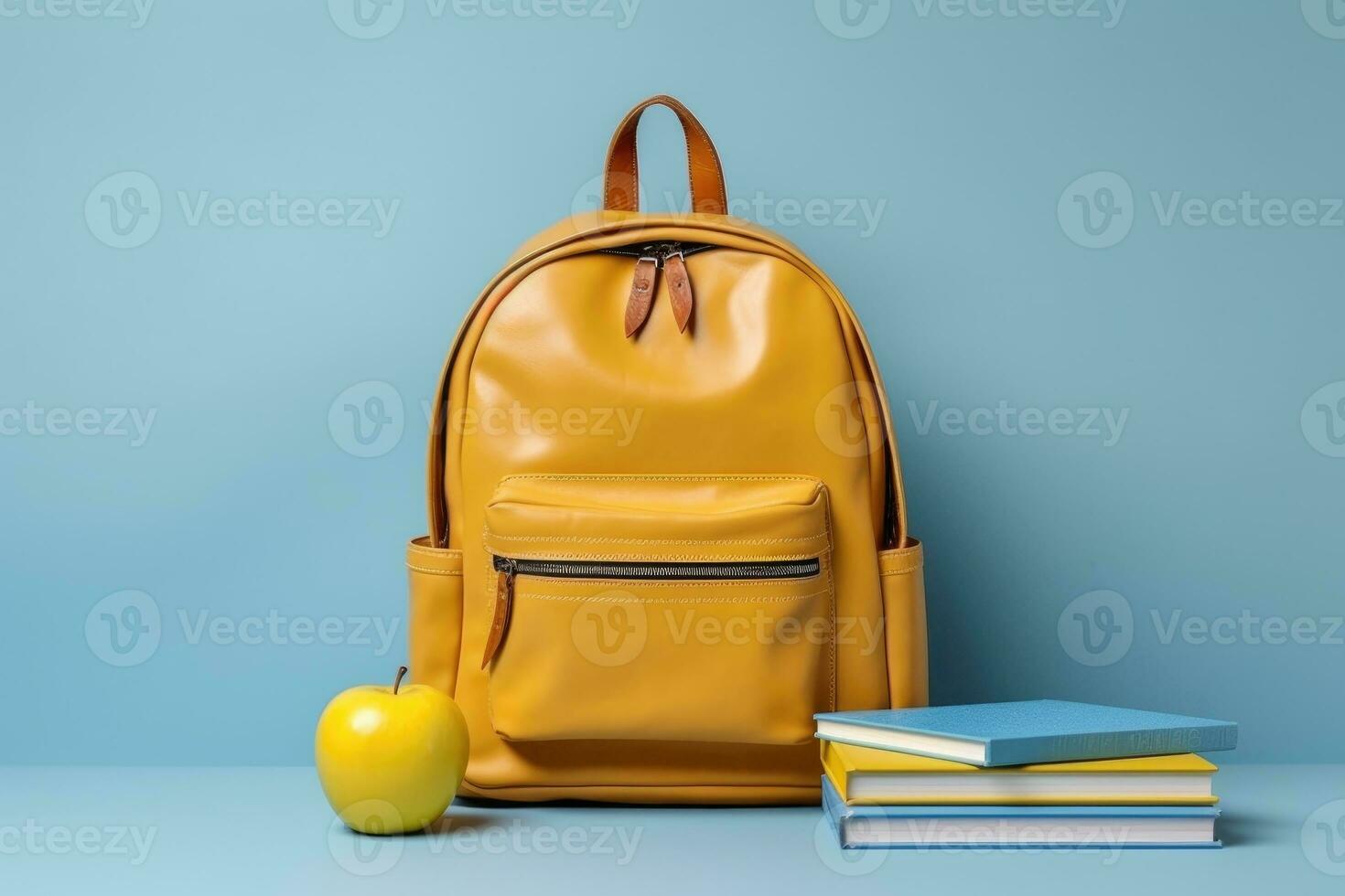 Backpack with different school stationery on light blue background. AI generative photo