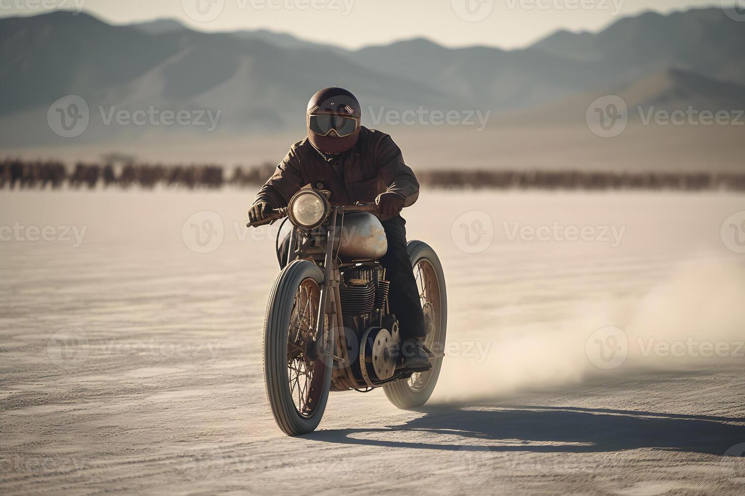 Motorcyclist riding through Uyuni salt flat desert. Neural network AI generated photo