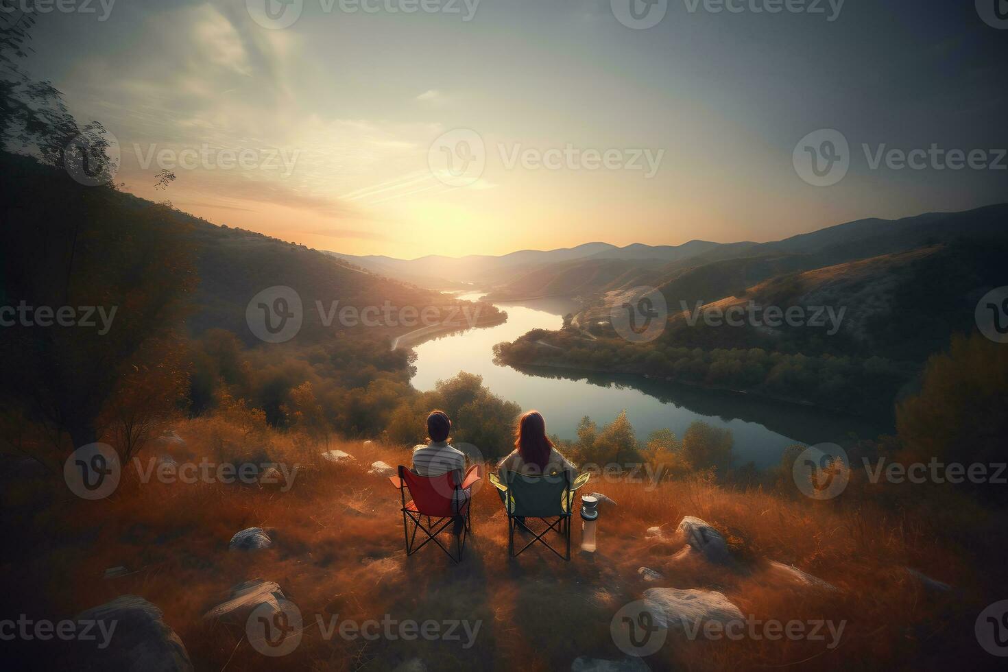 Couple on vacation in the mountains admiring the sunset. Neural network AI generated photo