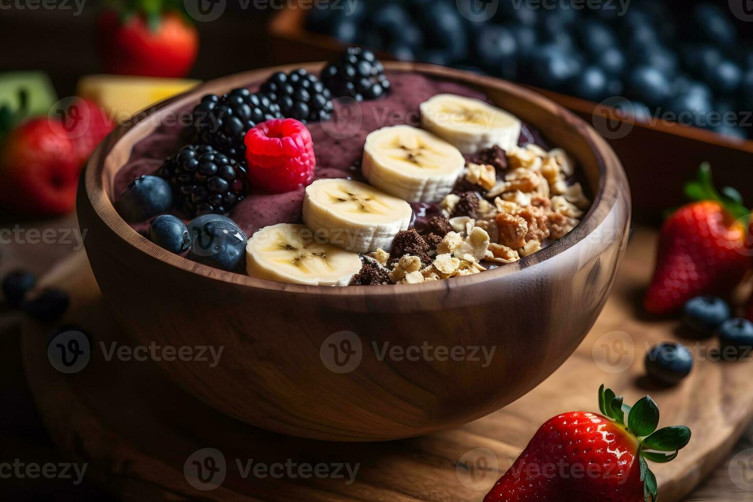 Healthy tasty breakfast. Oatmeal with berries and fruits. Neural network AI generated photo
