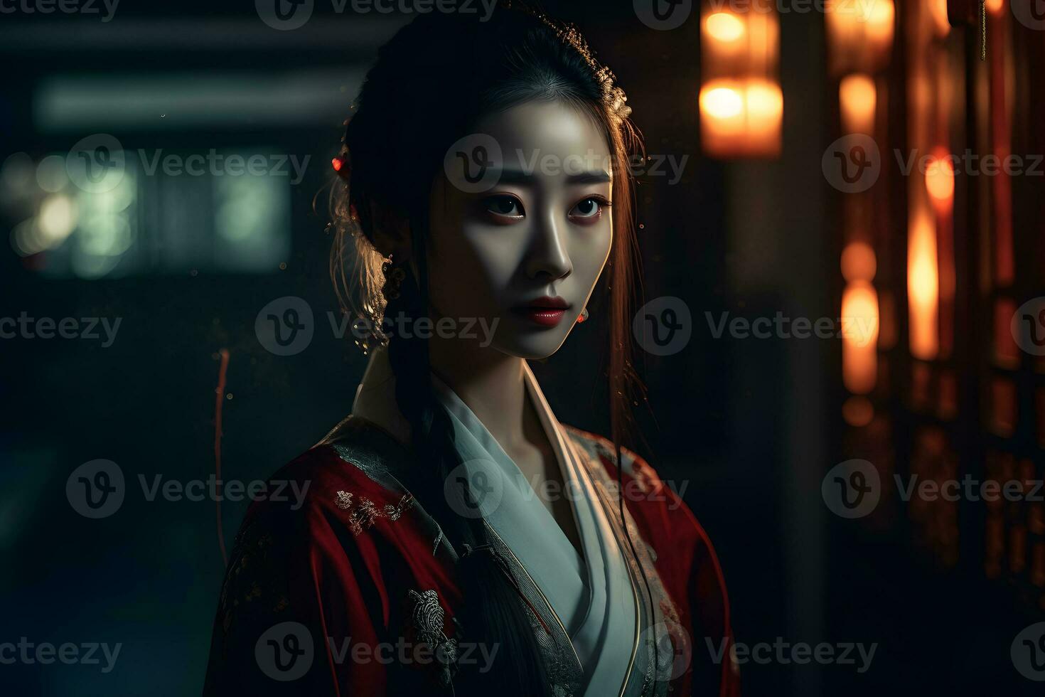 Asian woman in kimono at night. Neural network AI generated photo