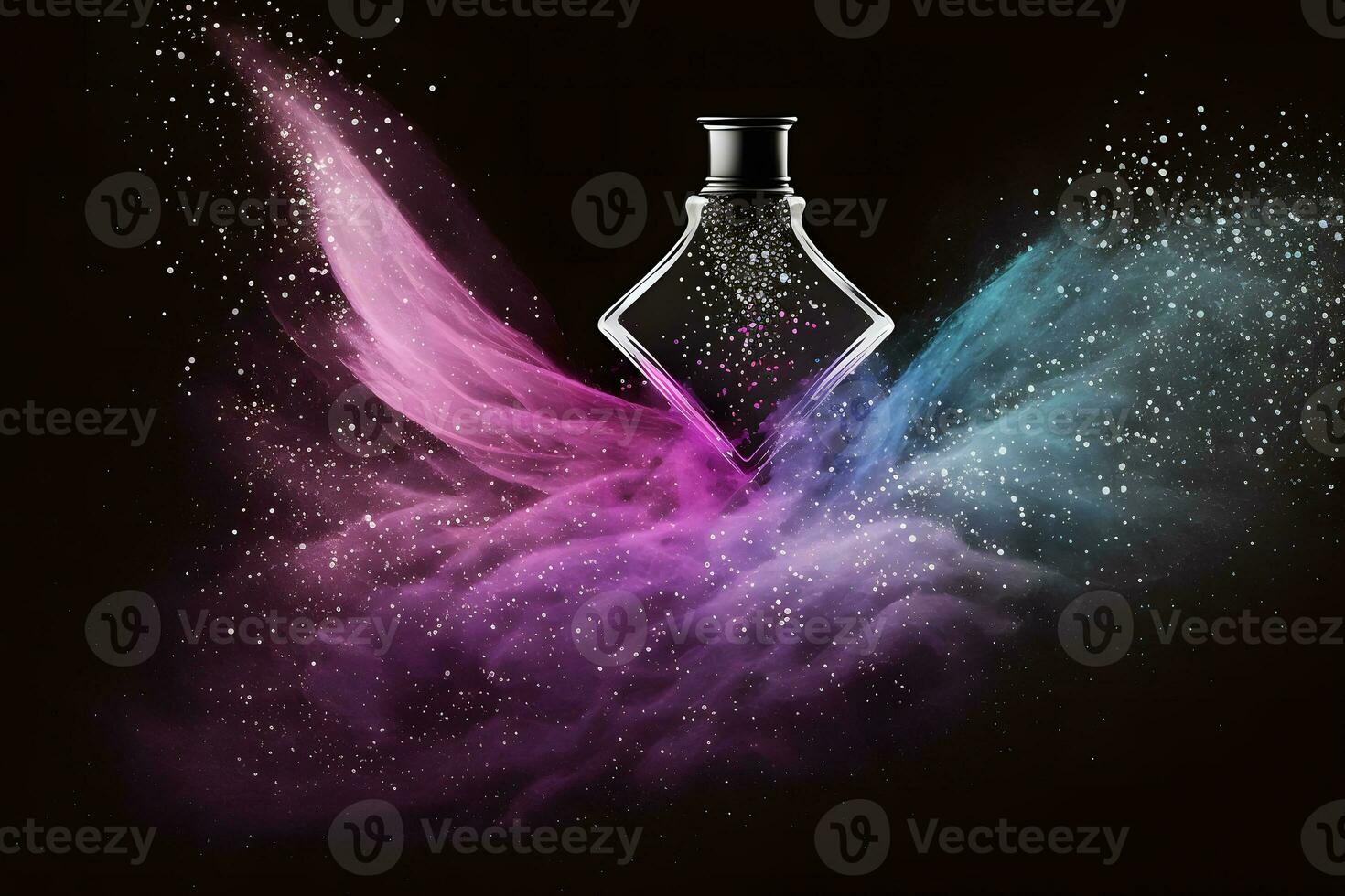 Perfume bottle splash of colored sand paint. Neural network generated art photo