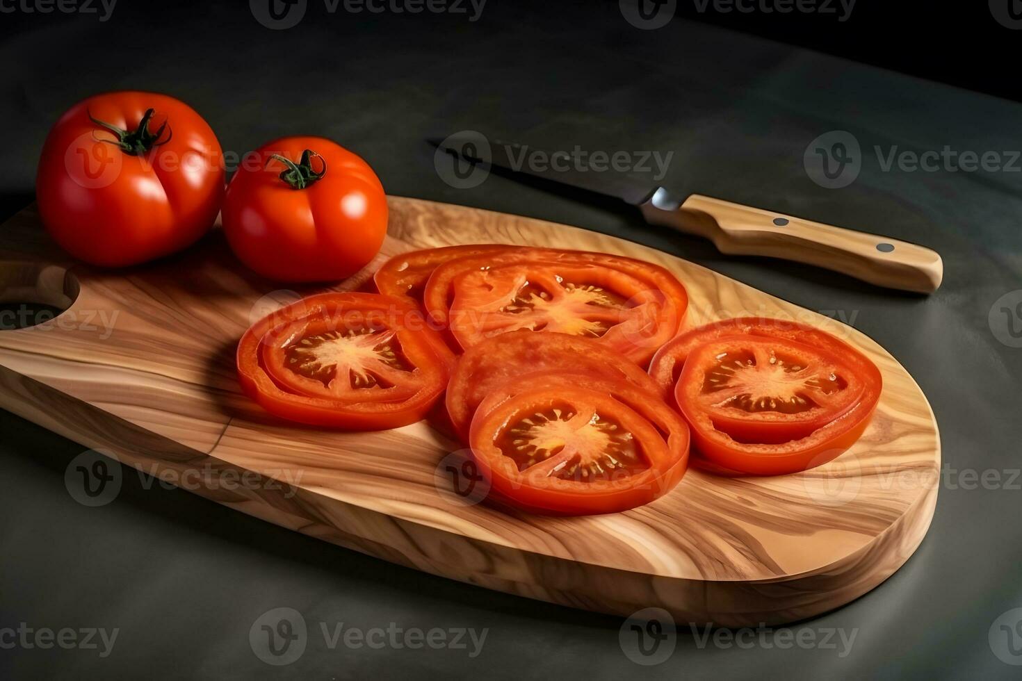 Sliced Tomato. Red tomatoes on a Wooden Cutting Board. Neural network AI generated photo