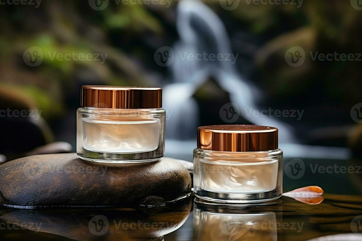 Two jars of cream on a stone on a blurred background with a waterfall. Natural cosmetics concept. Generated by artificial intelligence photo
