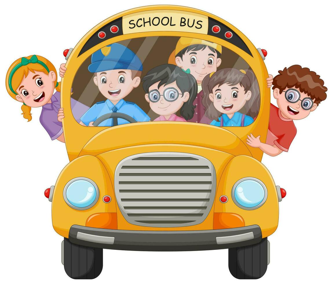 dibujos animados contento niños en colegio autobús. vector ilustración