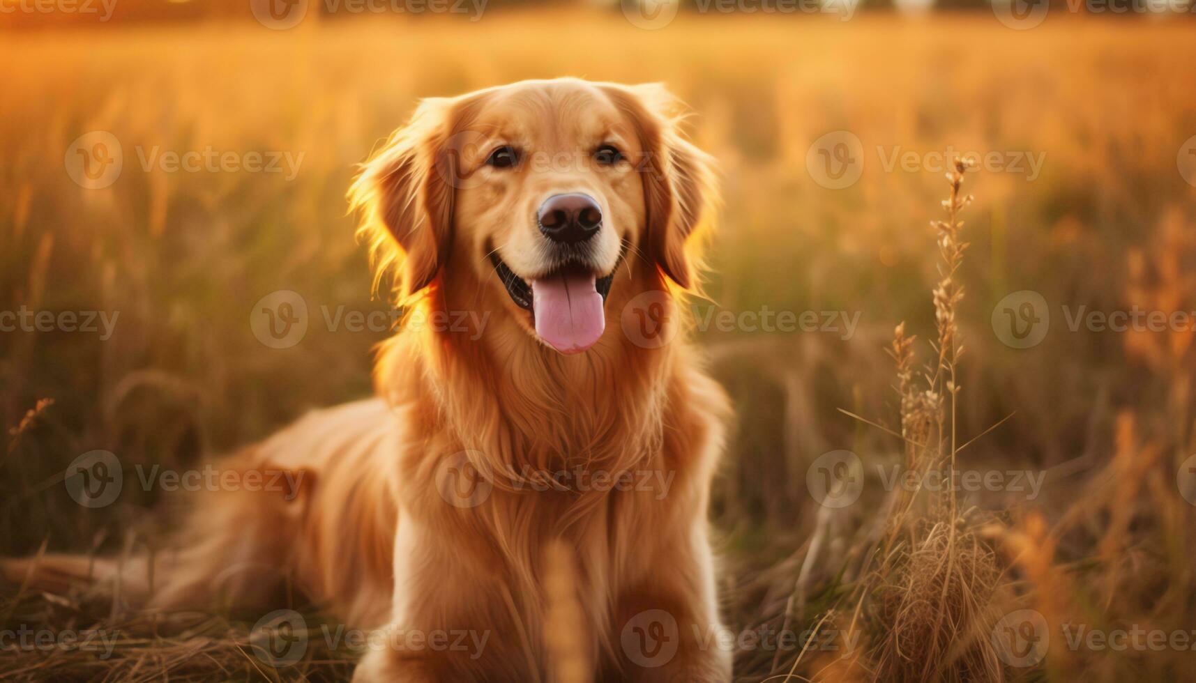 dorado perdiguero perro sentado en el césped a puesta de sol ai generado foto