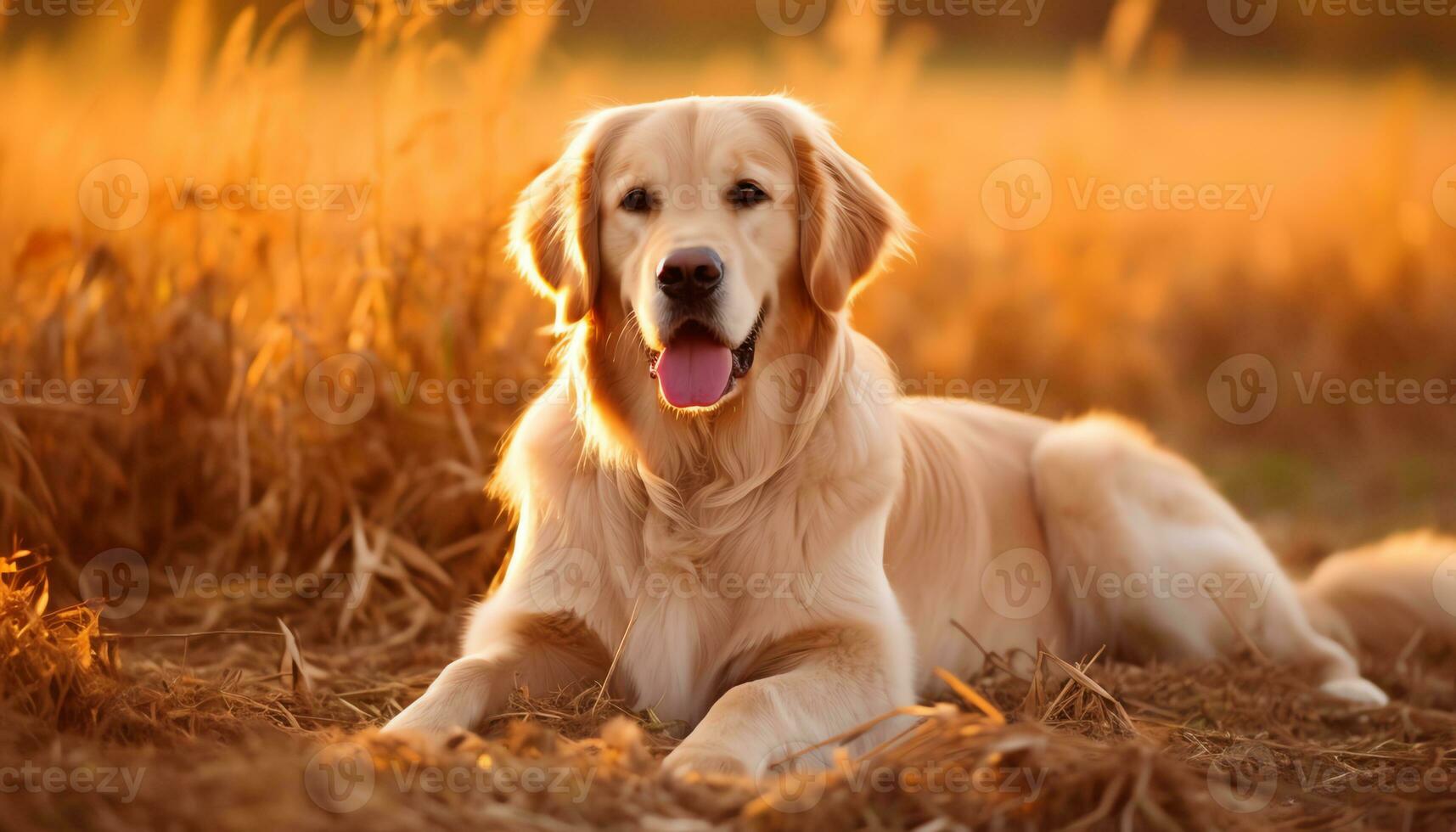 dorado perdiguero perro sentado en el césped a puesta de sol ai generado foto