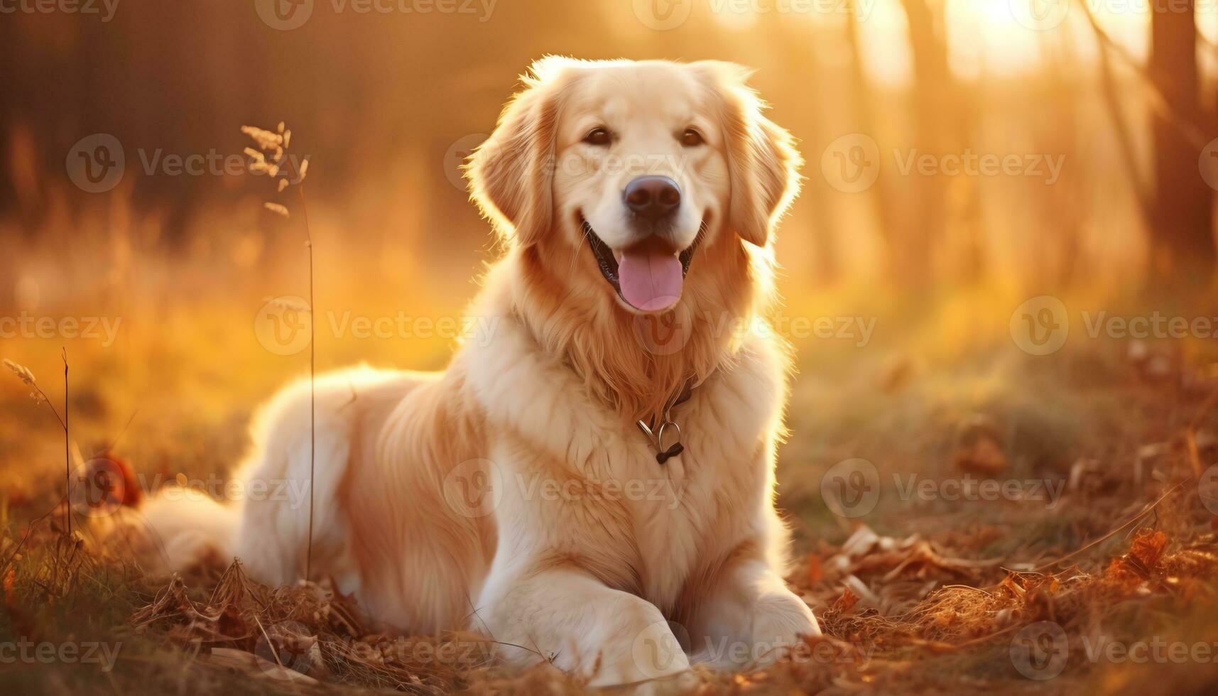 dorado perdiguero perro sentado en el césped a puesta de sol ai generado foto