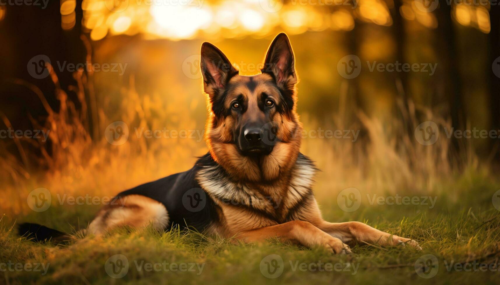 golden retriever dog laying in grass at sunset AI Generated photo