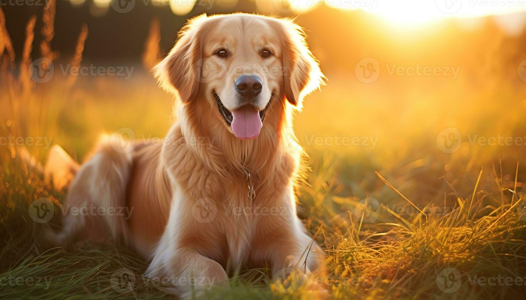 golden retriever dog laying in grass at sunset AI Generated photo