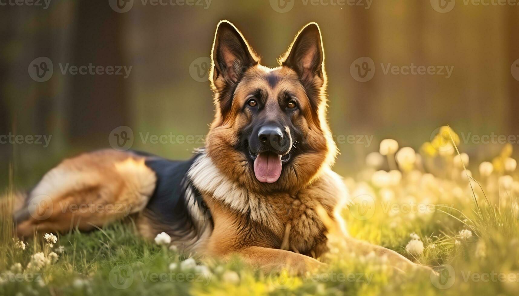 german shepherd dog laying in the grass at sunset AI Generated photo