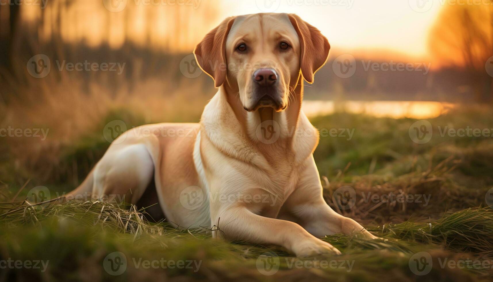 alemán pastor perro tendido en el césped a puesta de sol ai generado foto