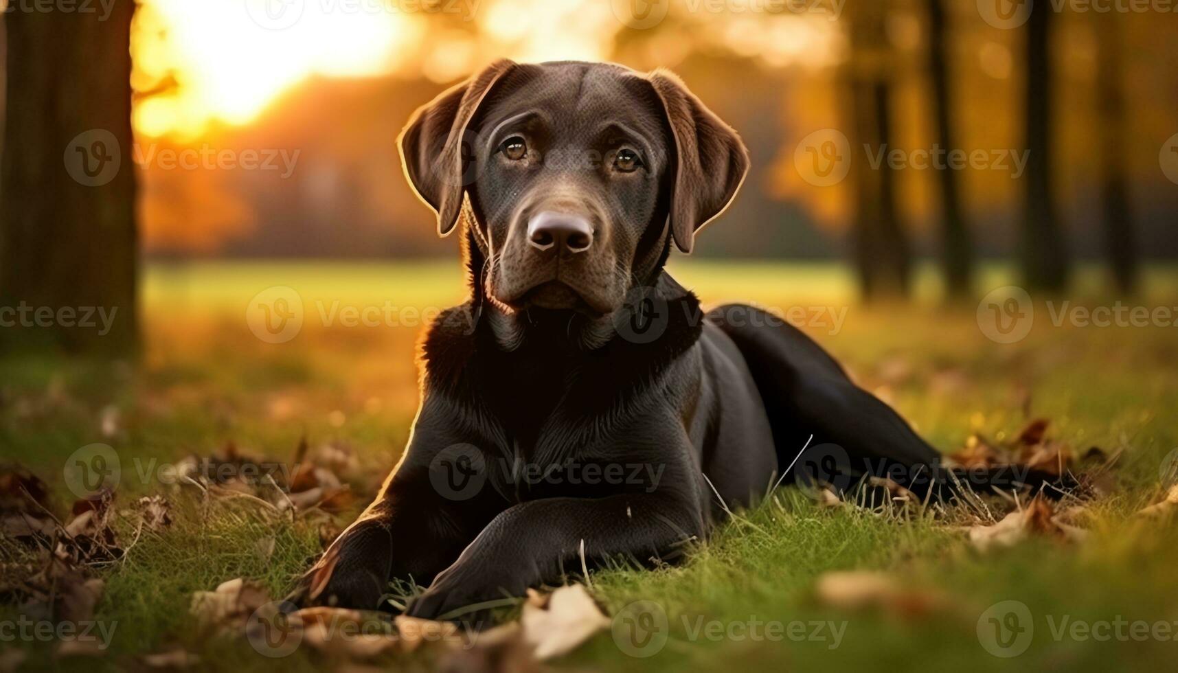 alemán pastor perro tendido en el césped a puesta de sol ai generado foto