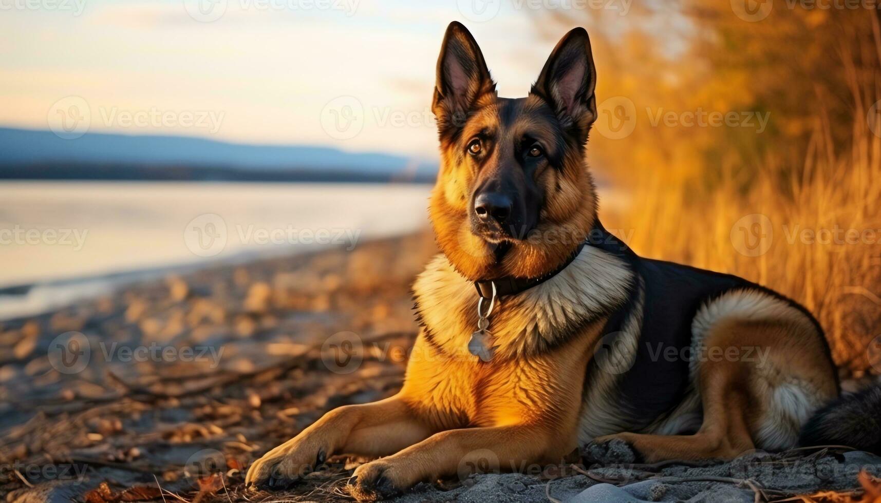 german shepherd dog laying in the grass at sunset AI Generated photo