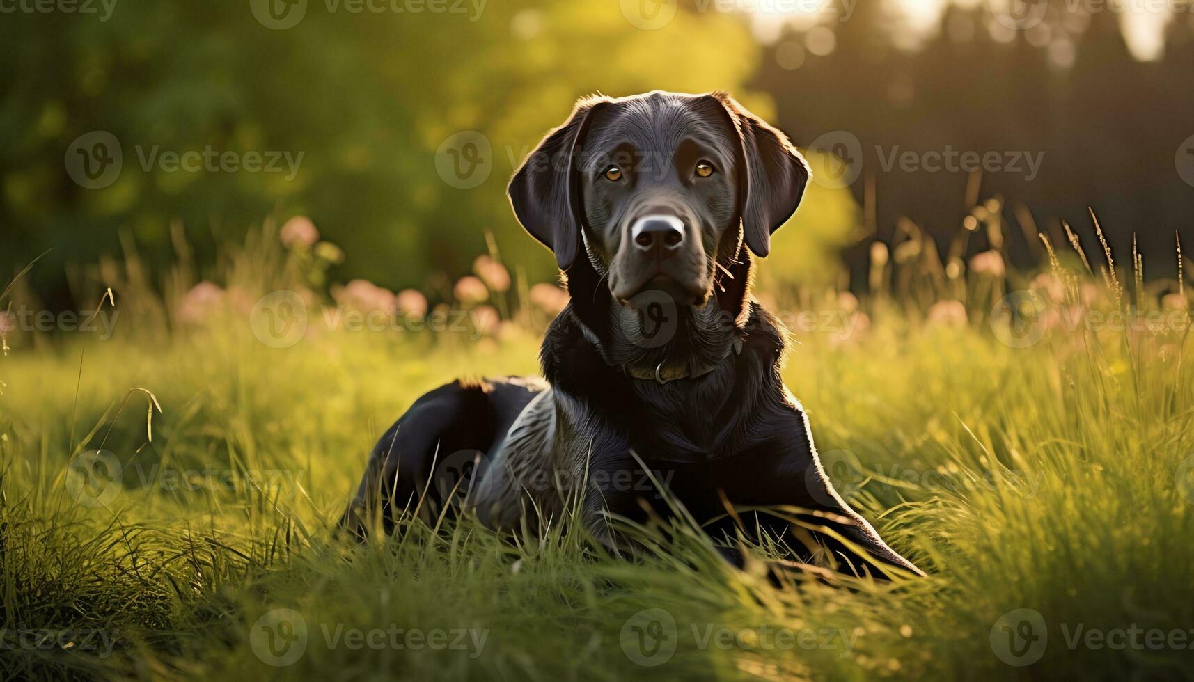 a yellow lab dog laying in the grass AI Generated photo