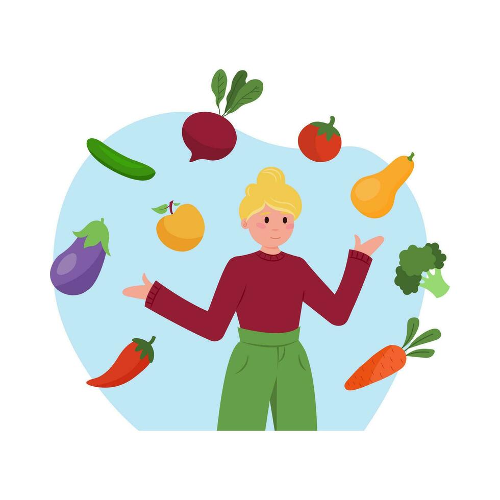 Cartoon character of young woman getting vitamins from fruits and vegetables vector