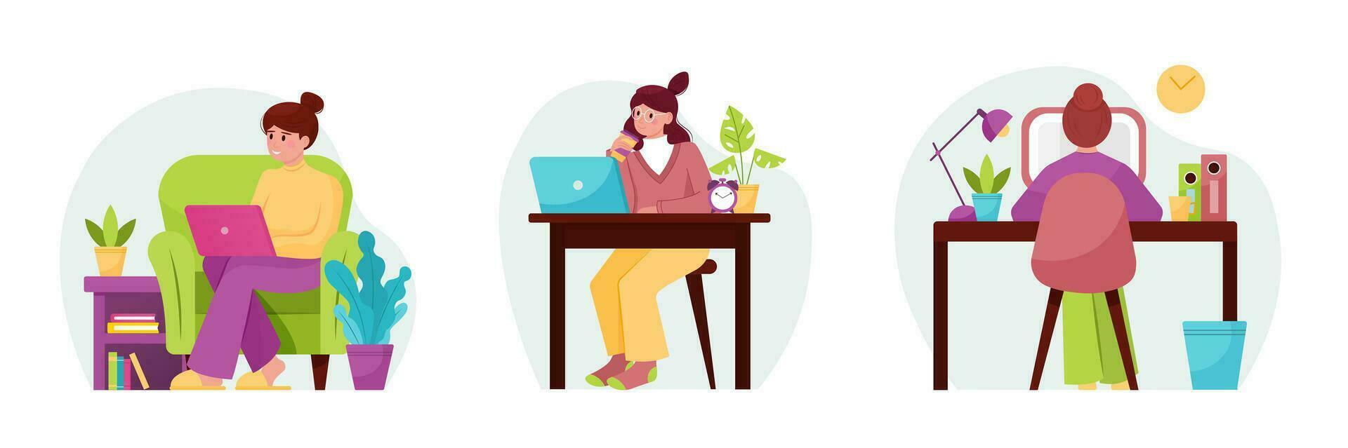 Group of cartoon characters of young people working at home vector