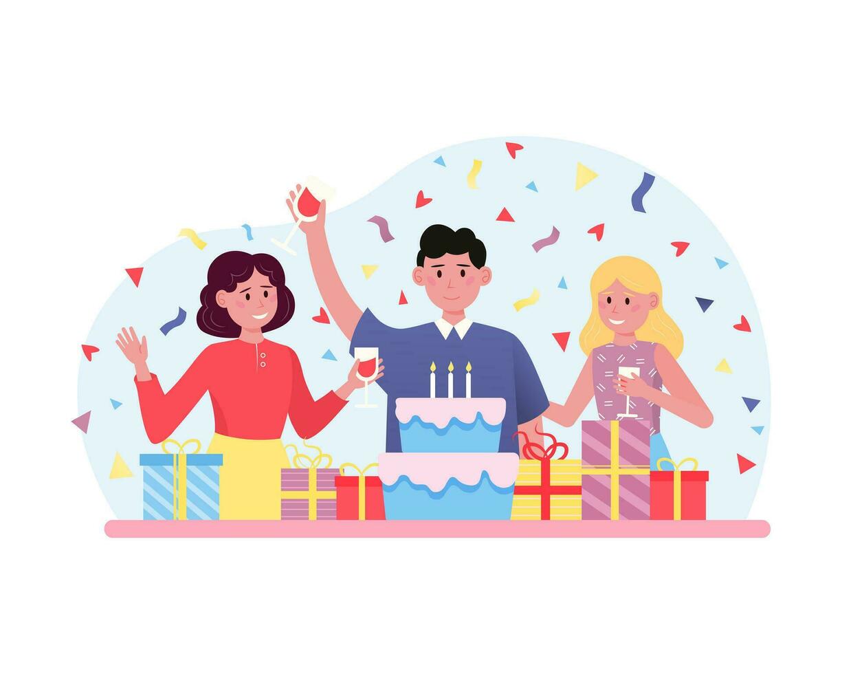 Cartoon characters of man and women celebrating birthday vector