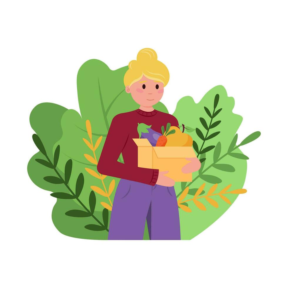 Cartoon character of young woman holding box with healthy food vector