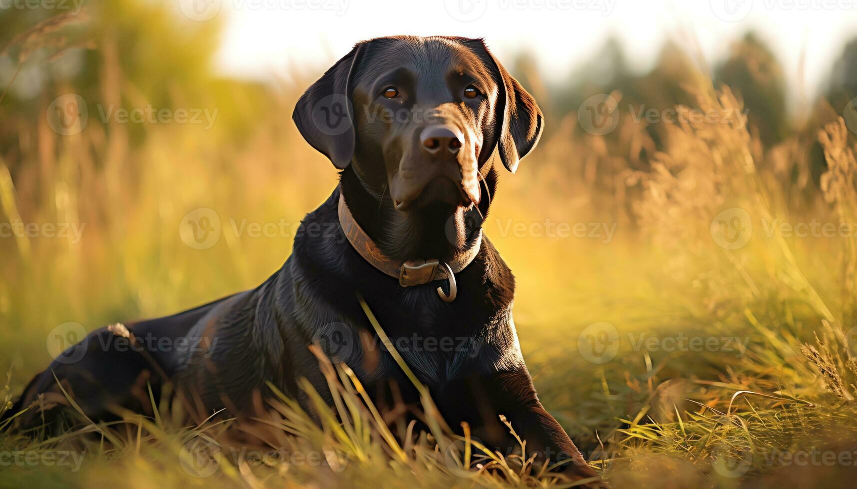 a dog is sitting in the grass at sunset AI Generated photo