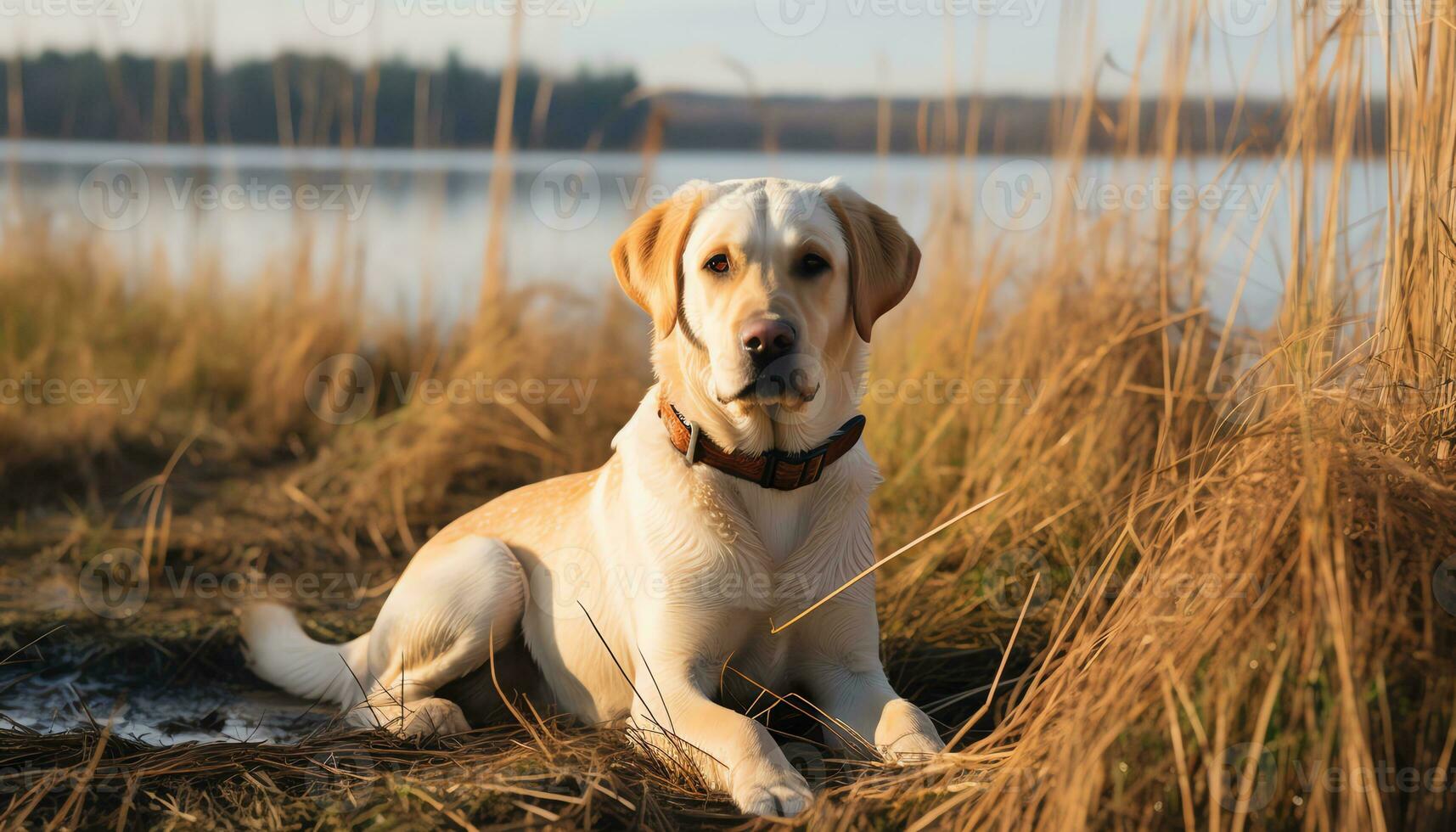 a yellow lab dog laying in the grass AI Generated photo