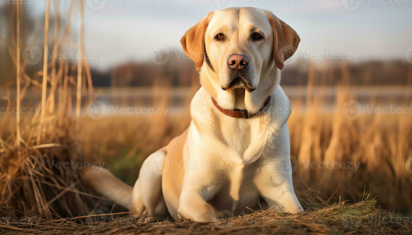 a yellow lab dog laying in the grass AI Generated photo