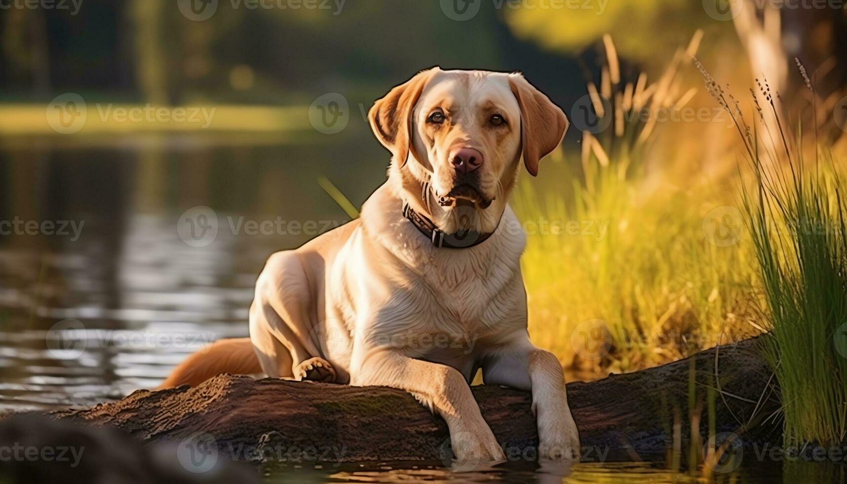 a yellow lab dog laying in the grass AI Generated photo