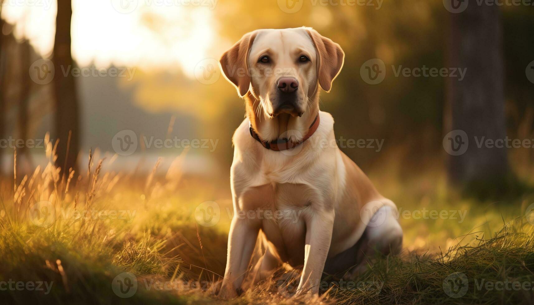 un amarillo laboratorio perro tendido en el césped ai generado foto