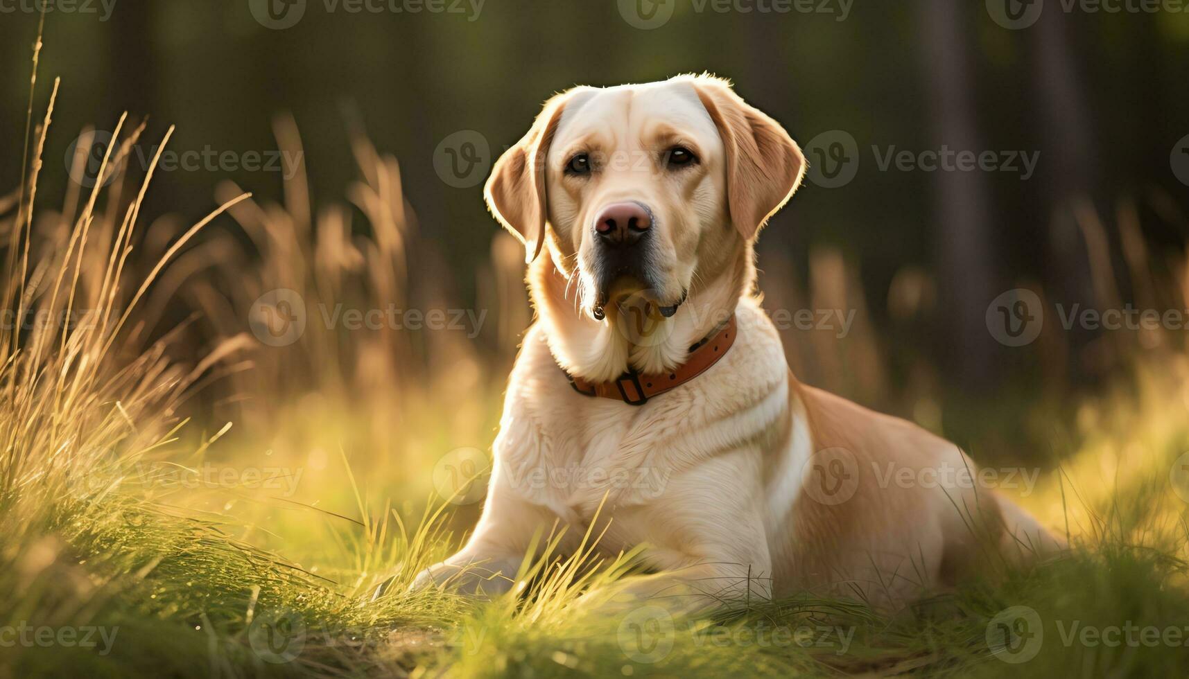 a yellow lab dog laying in the grass AI Generated photo