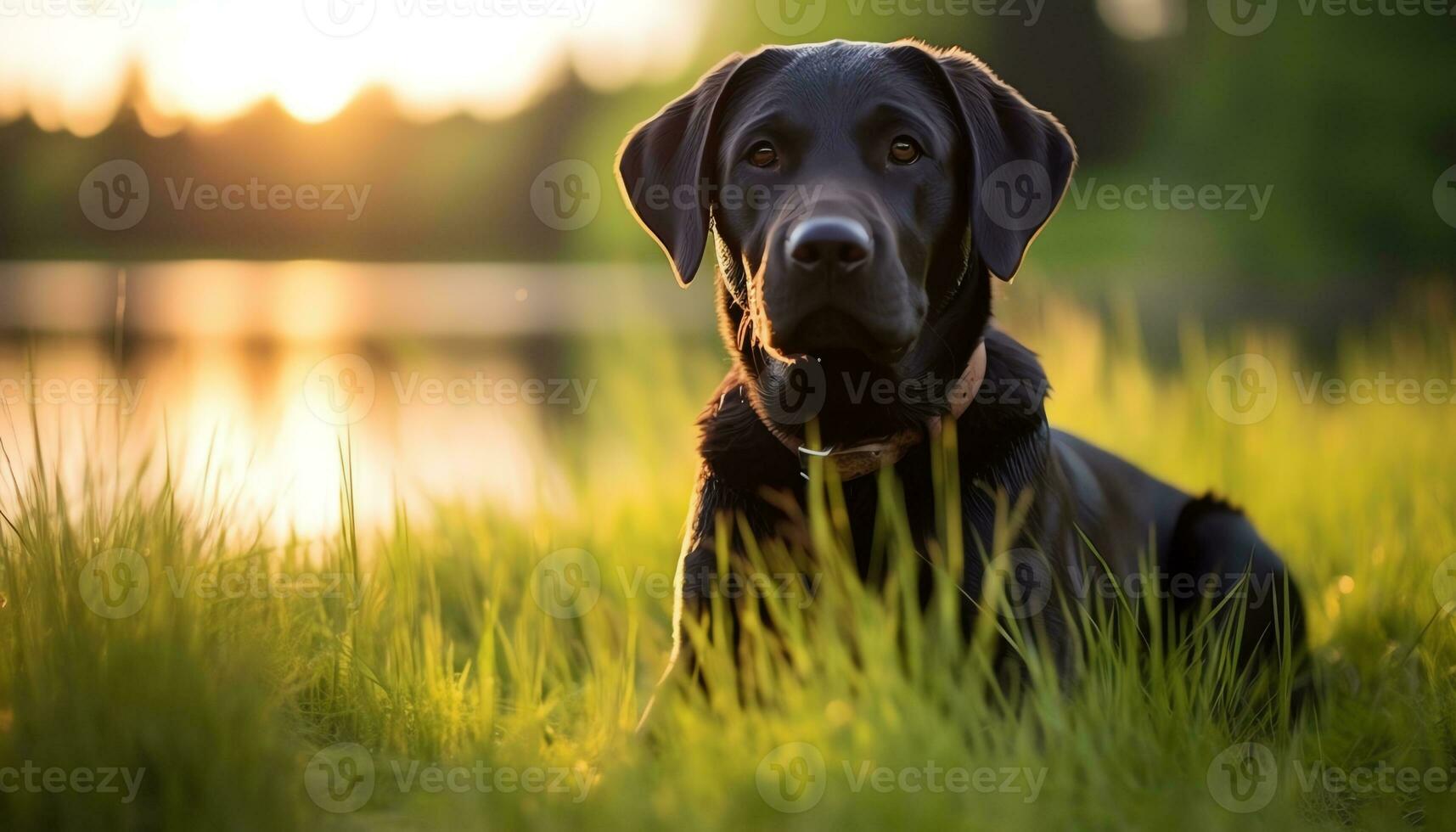 a yellow lab dog laying in the grass AI Generated photo