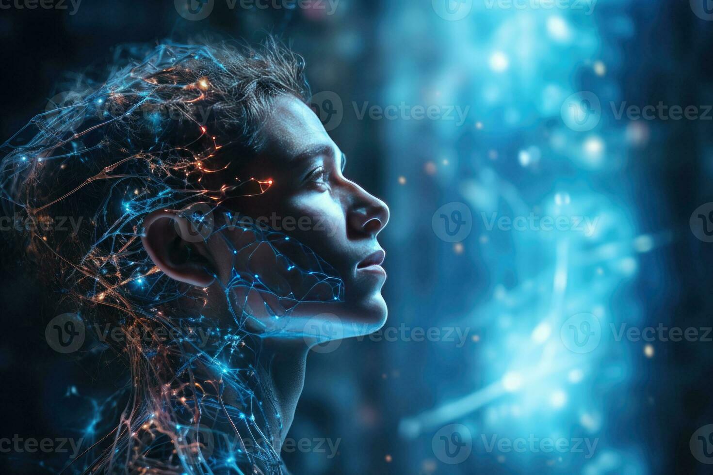 The man is riddled with neural connections. Artificial intelligence and human concept. Future technologies. Generated by artificial intelligence photo