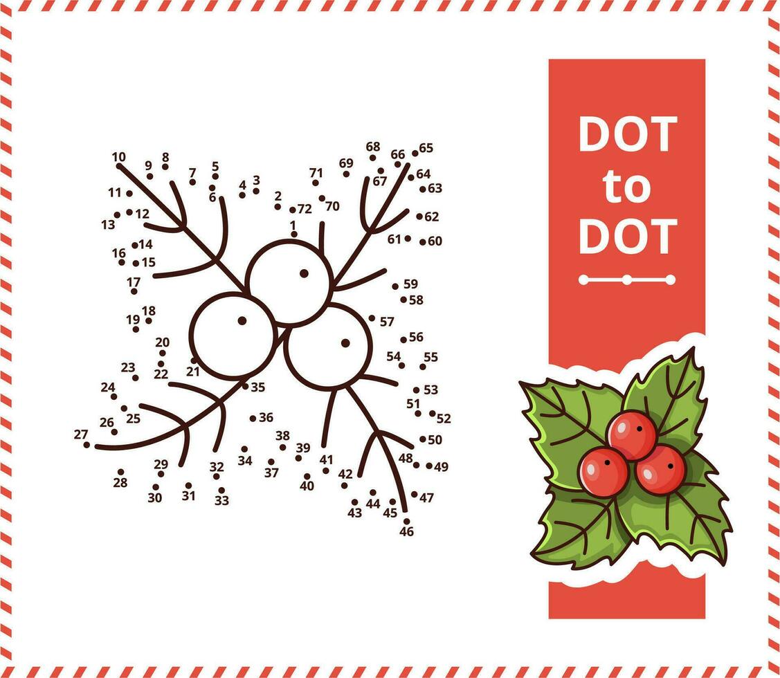 Connect the dots and draw festive cartoon holly leaves with red berries. vector