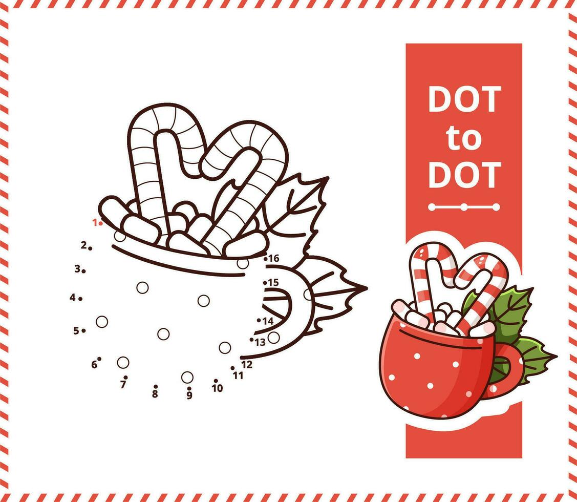 Connect the dots and draw cartoon cocoa with marshmallow and candy cane. vector