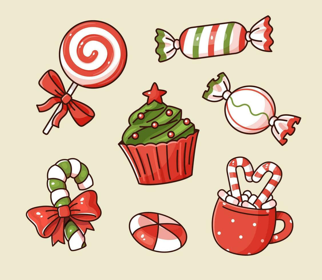 Set of different cartoon Christmas sweets. vector