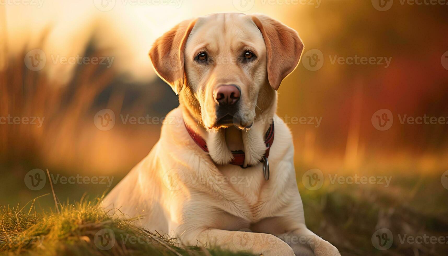 un perro es sentado en el césped a puesta de sol ai generado foto