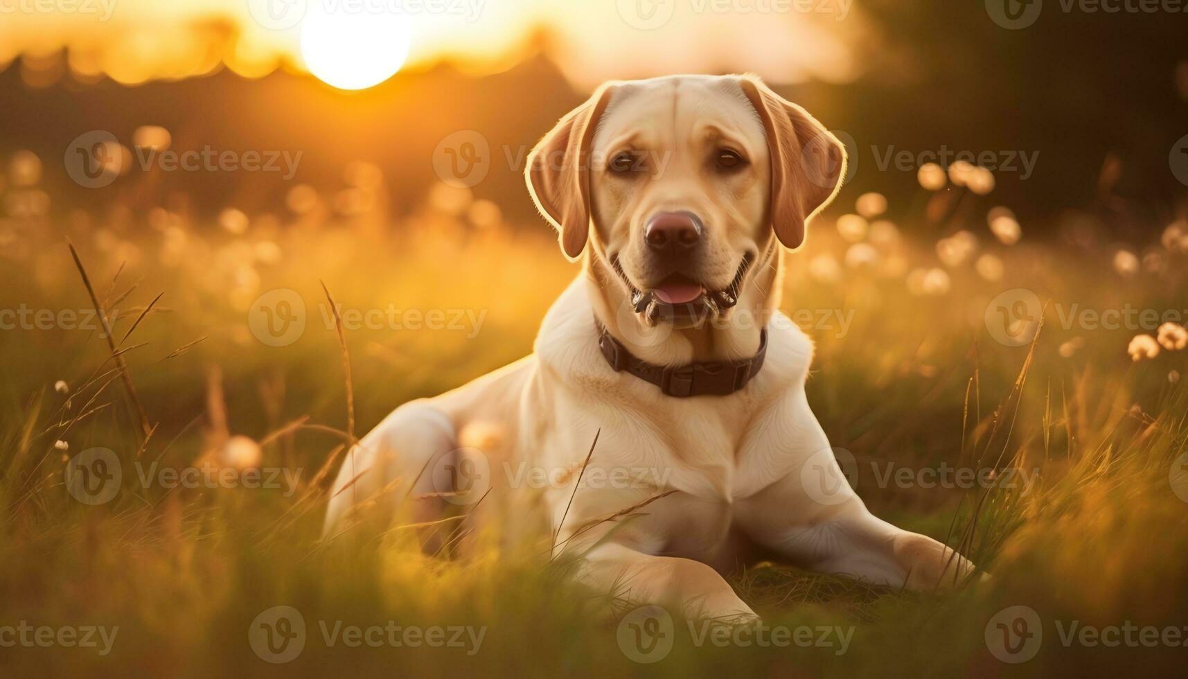 a dog is sitting in the grass at sunset AI Generated photo