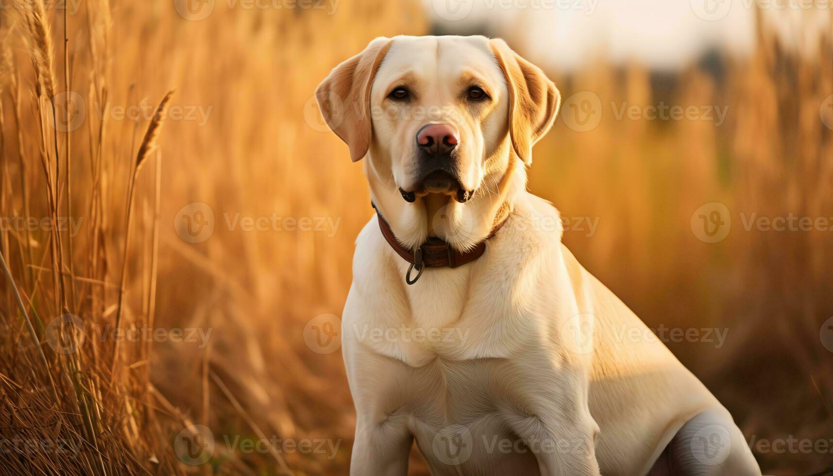 a dog is sitting in the grass at sunset AI Generated photo