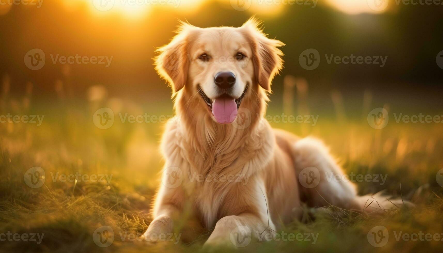 un perro es sentado en el césped a puesta de sol ai generado foto