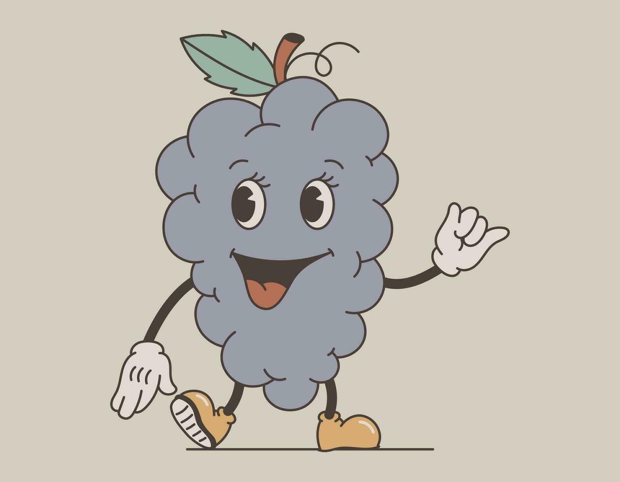 Funny groovy retro fruit character. Cool joyful bunch of grapes. Vector isolated illustration, old cartoon style.