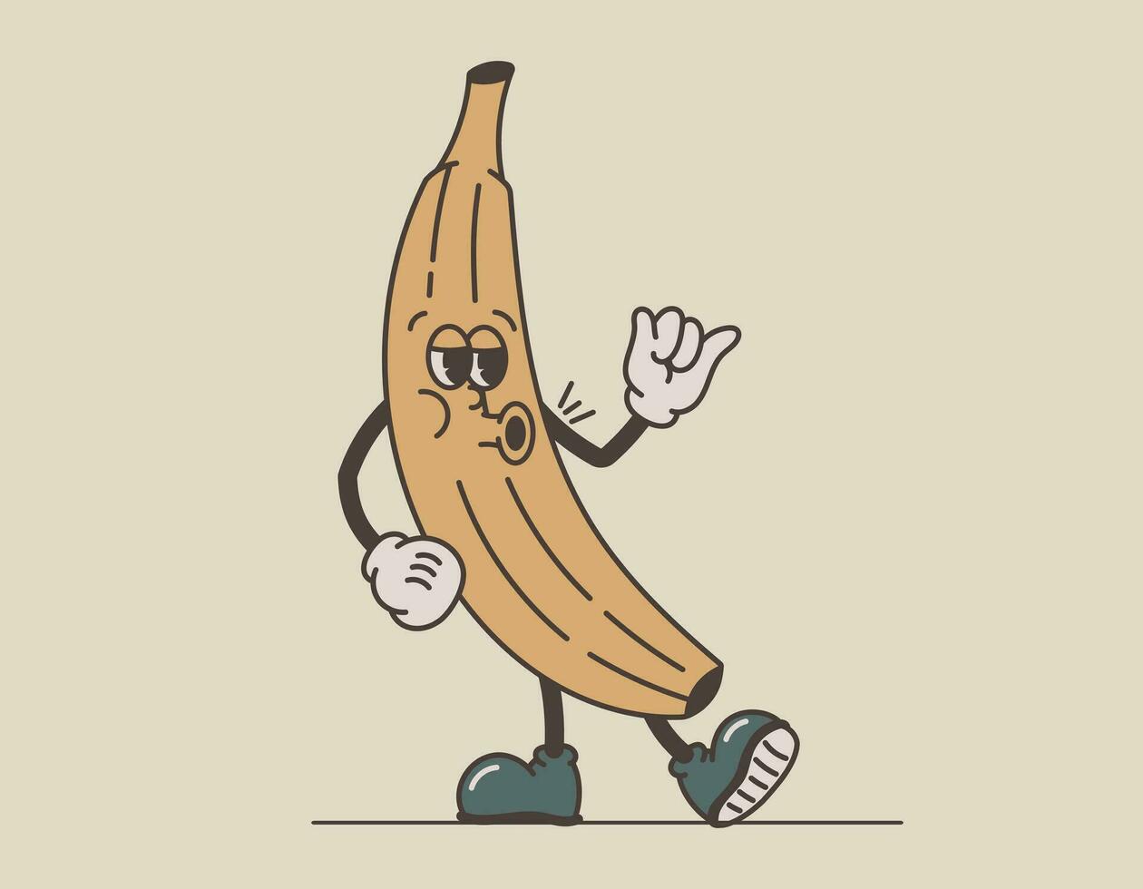 Funny groovy retro fruit character. Cool smiling banana in sunglasses, vector isolated illustration, old cartoon style.