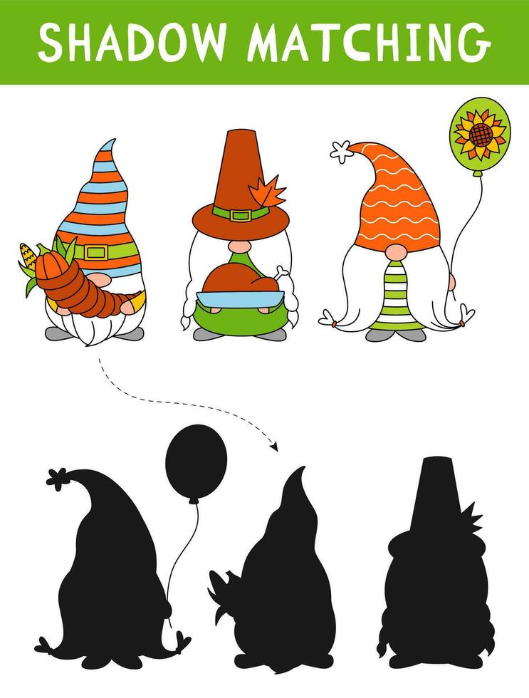 Cute gnomes for Thanksgiving day. Shadow matching activity for children. Simple educational game for kids with leaves. Find the correct silhouette printable worksheet. vector