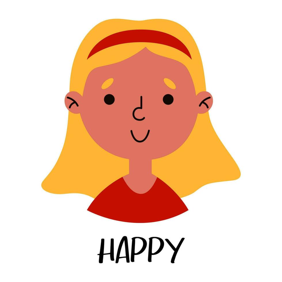 Cute happy little girl. Emotional intellect poster for children. Learning feeling poster for school and preschool. Vector cartoon illustration.