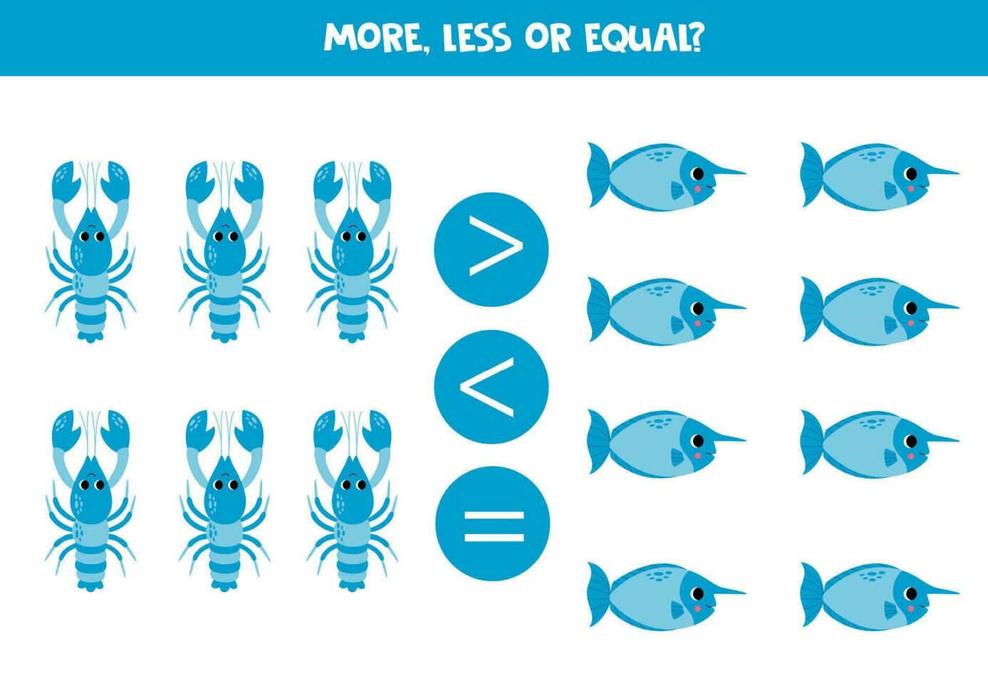 Grater, less or equal with cartoon yabby and unicorn fish. vector