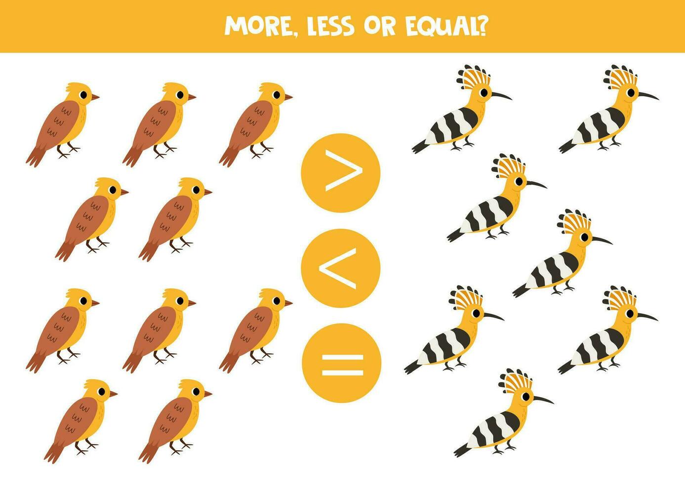 Grater, less or equal with cartoon upupa and yellowhammer birds. vector