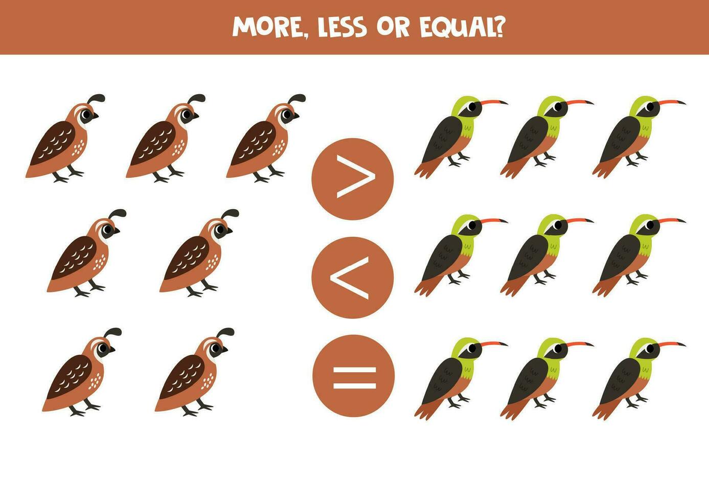 Grater, less or equal with cartoon quails and xantus. vector