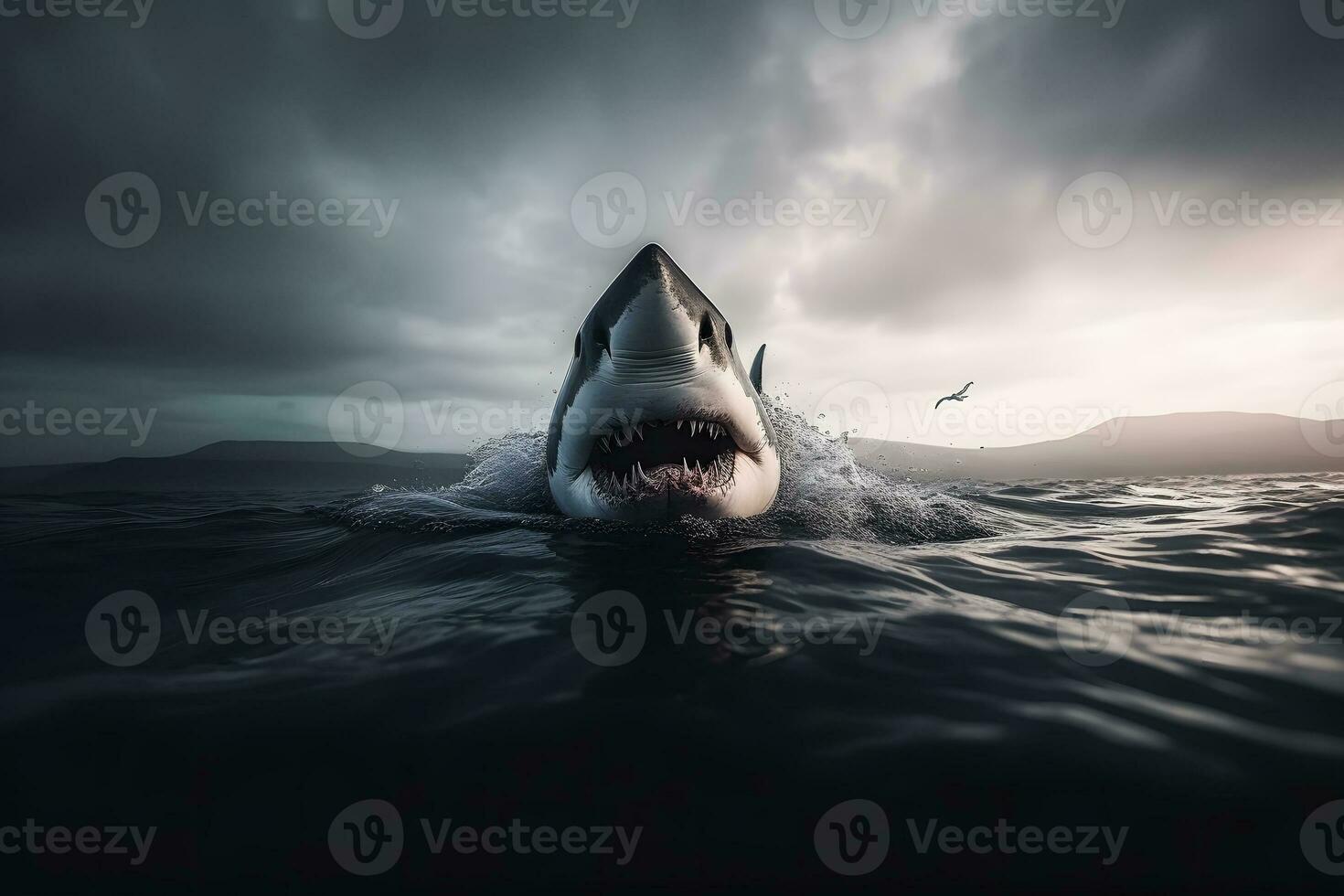 Great white Shark posing in the deep blue water. Neural network AI generated photo