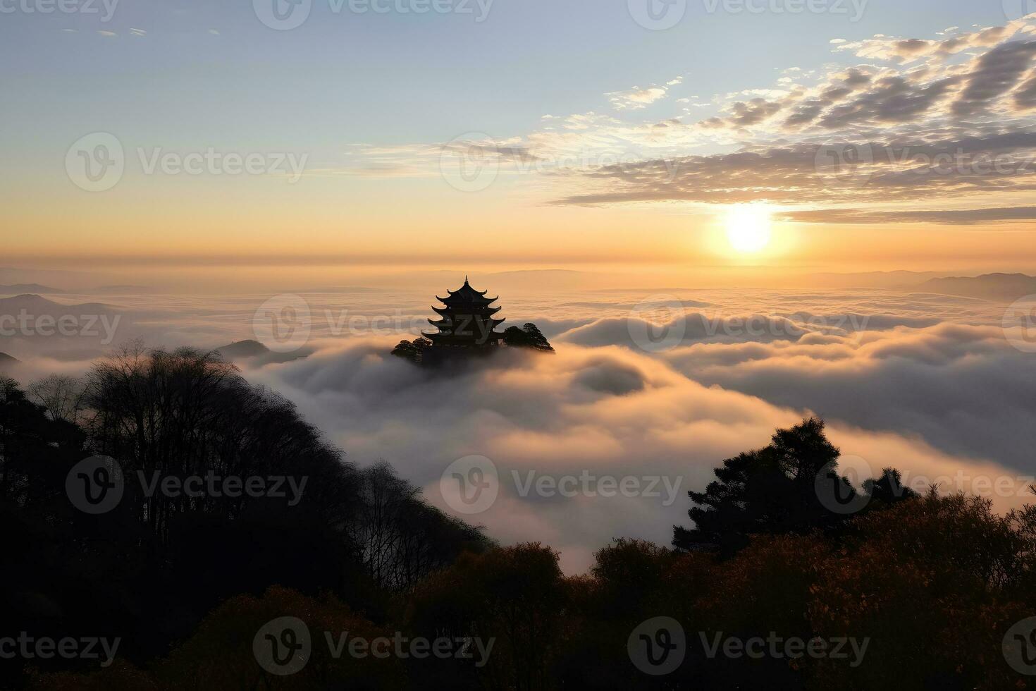 chino montañas en el niebla amanecer. neural red ai generado foto