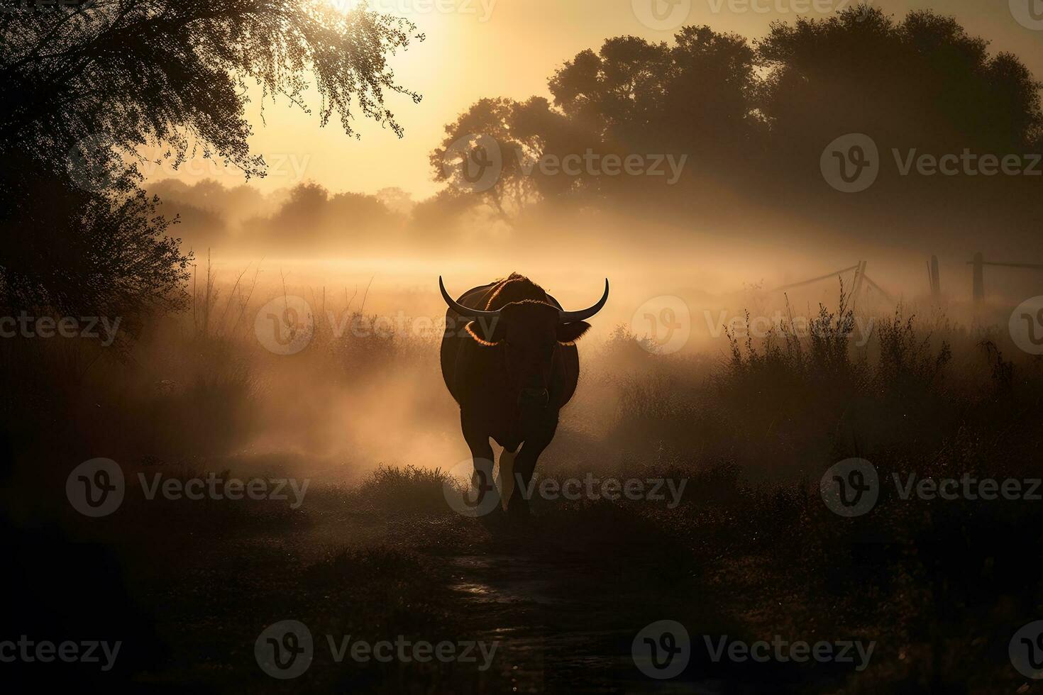 Bull in the wild, Landscape with sunset or sunrise. Neural network AI generated photo